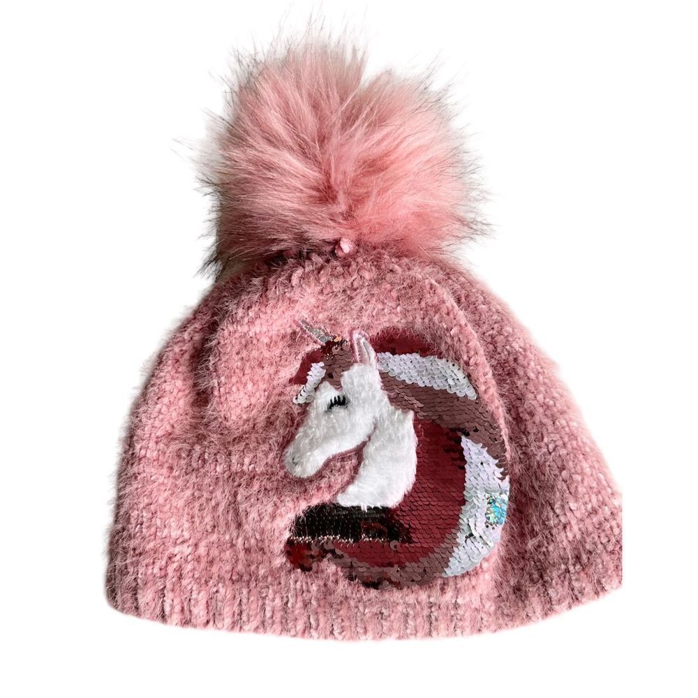 Girl’s Sequin Unicorn Pom Beanie, L
